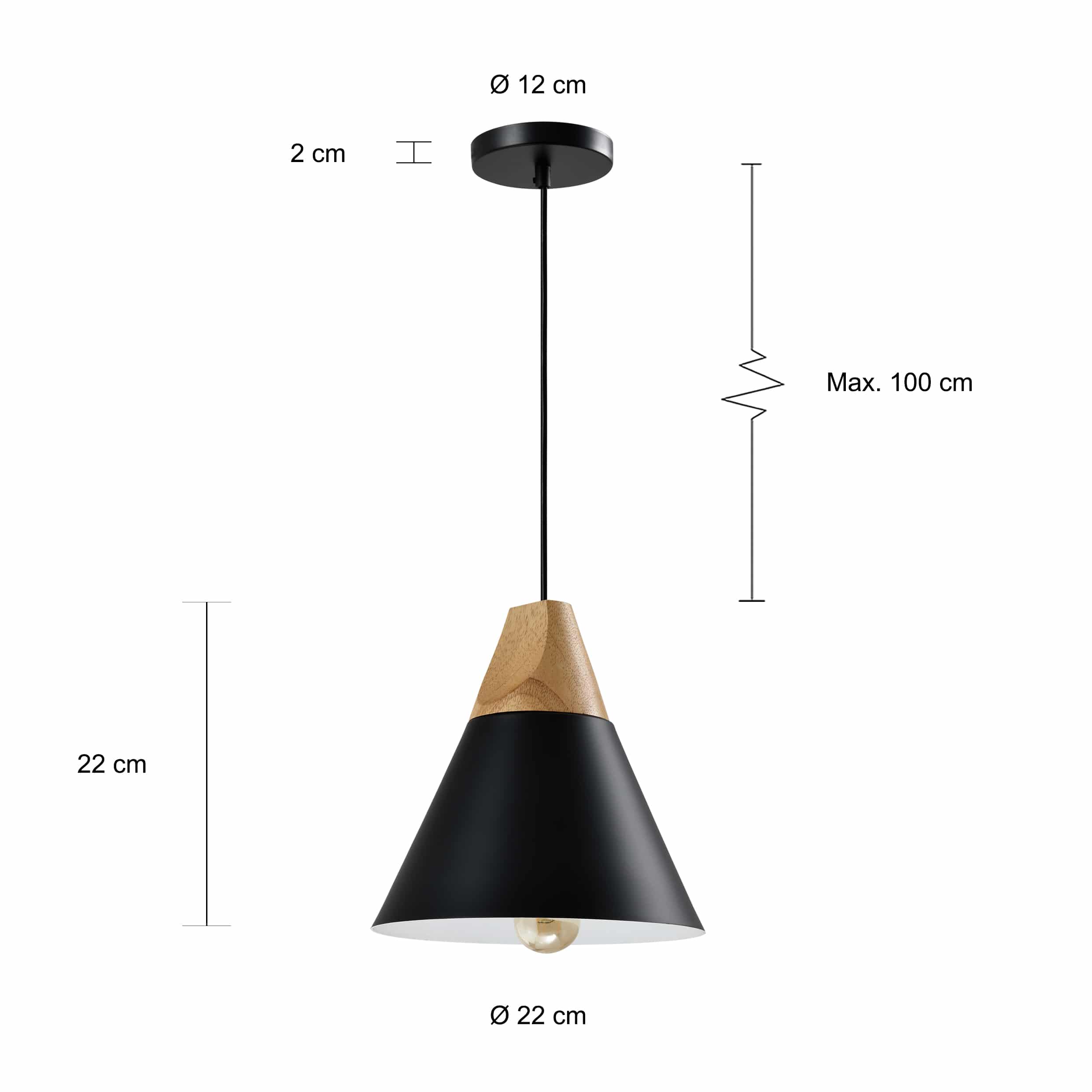 Afmetingen zwarte kegellamp met houten kop