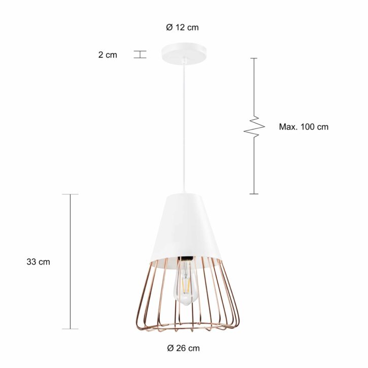 afmetingen van de hanglamp rose gold en wit