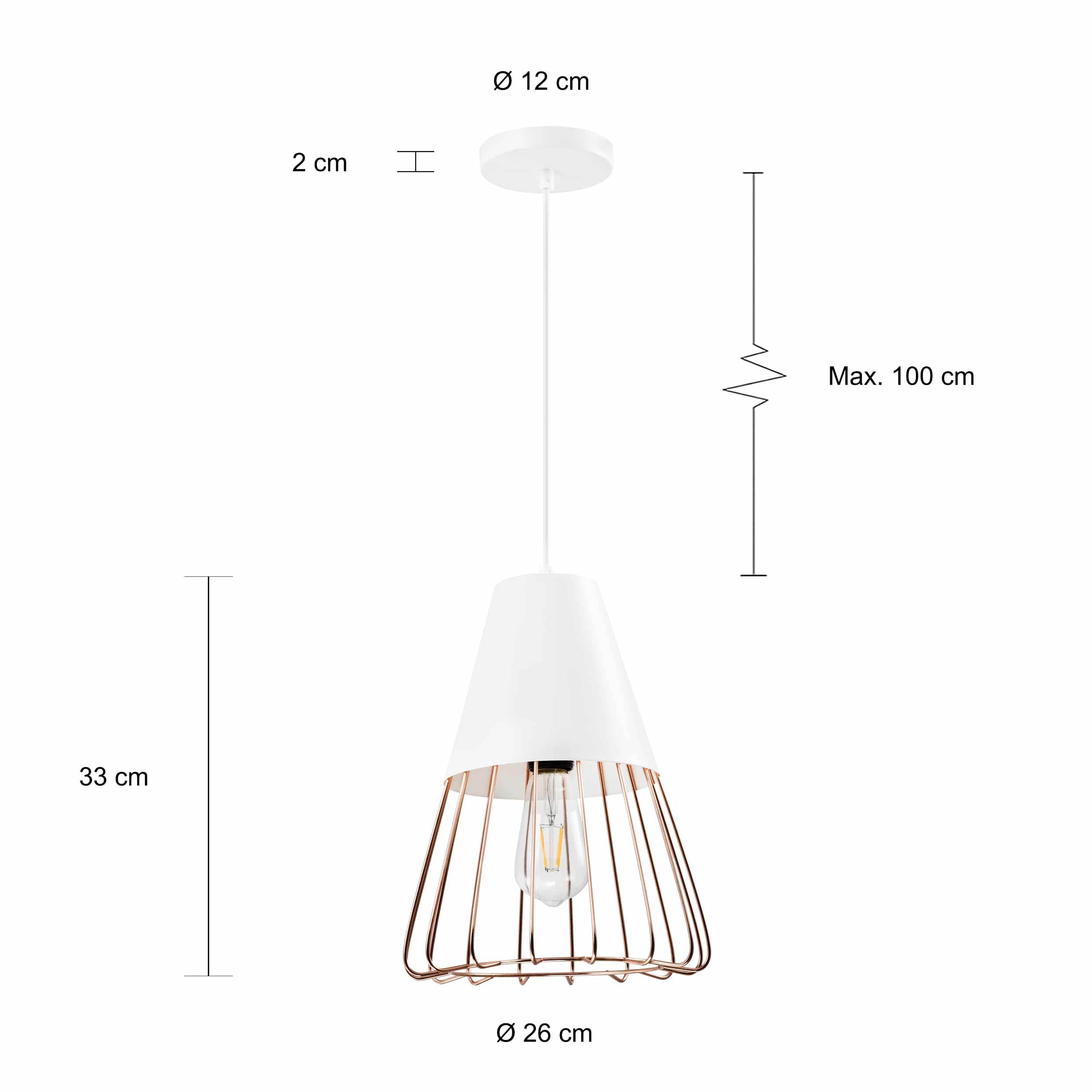 afmetingen van de hanglamp rose gold en wit